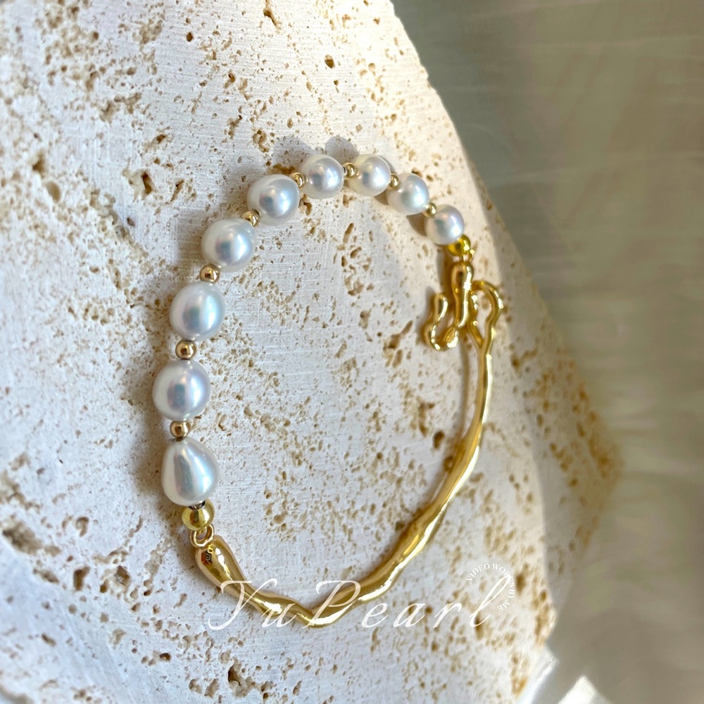 Real Gold Plated Brass Half Pearl Bangle With Clasp